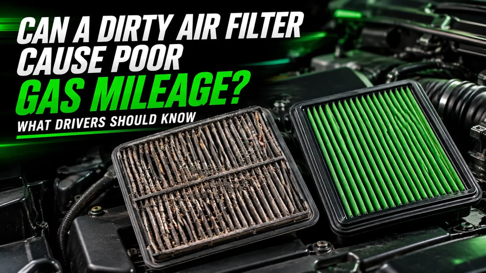 Clean and dirty engine air filters side by side, showing debris buildup on the used filter.