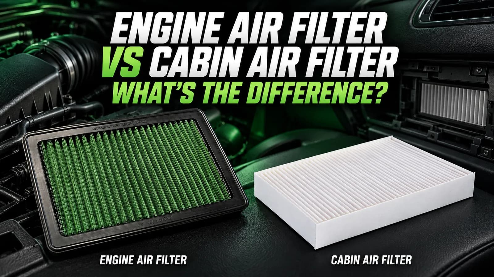 Engine air filter and cabin air filter displayed side by side with labels identifying each.