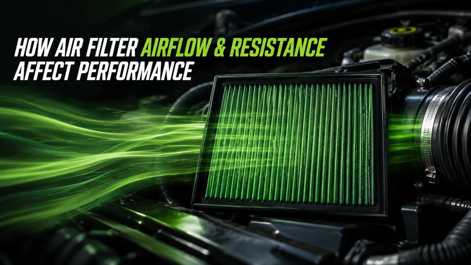 Engine air filter with airflow visualization showing how restriction affects air moving through the filter.